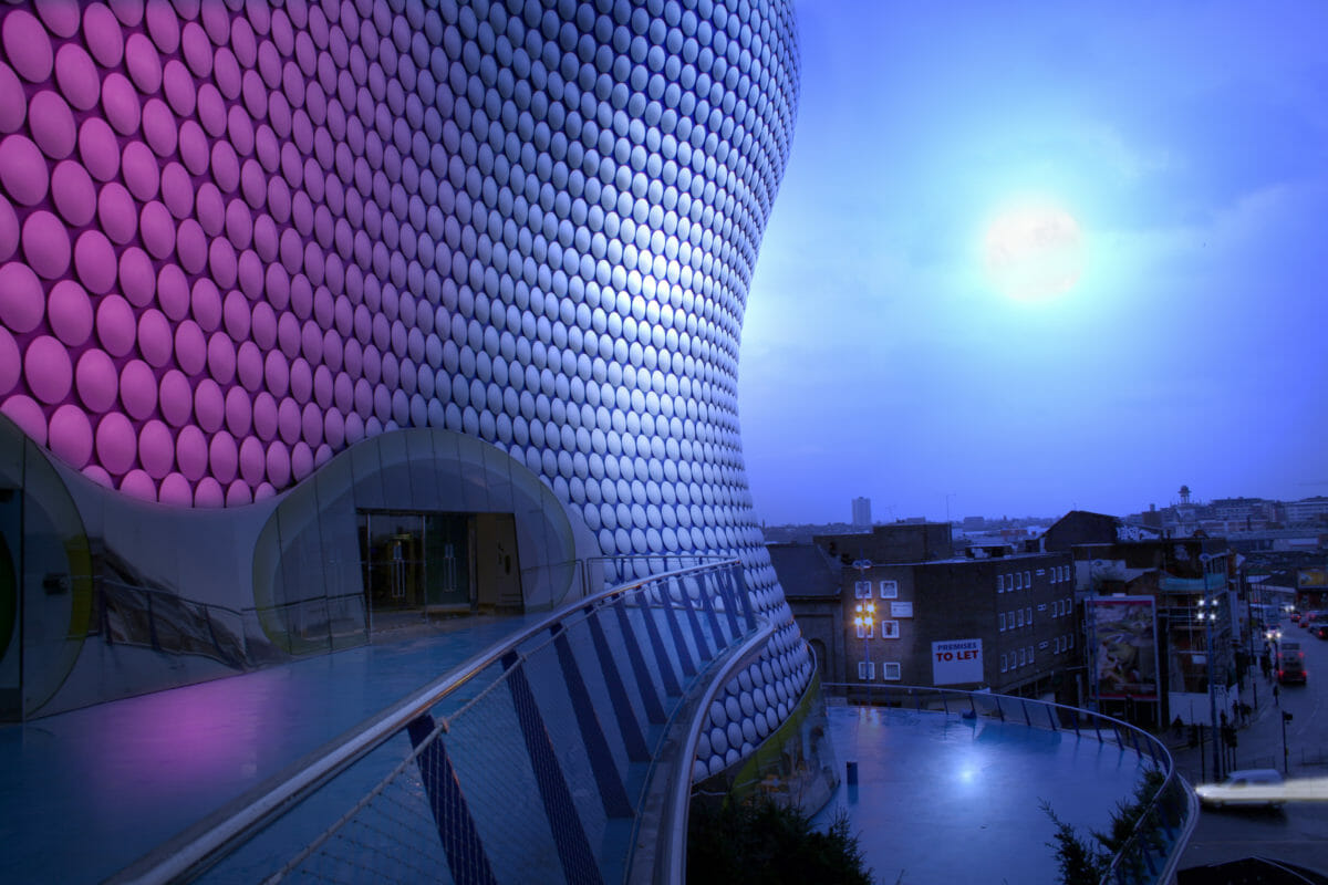 Bullring building and view of birmingham at night by moon light. famous english architecture