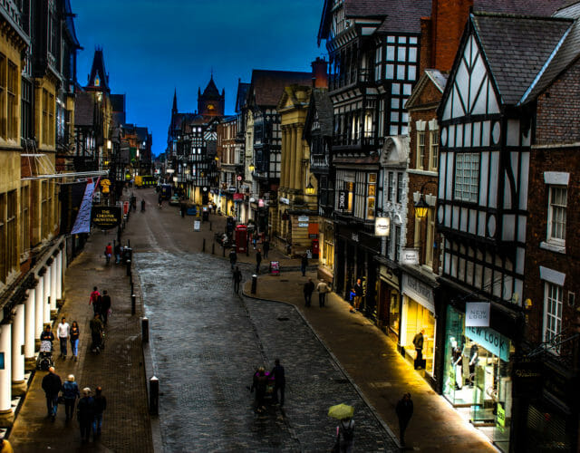 Chester city and street shops at dusk